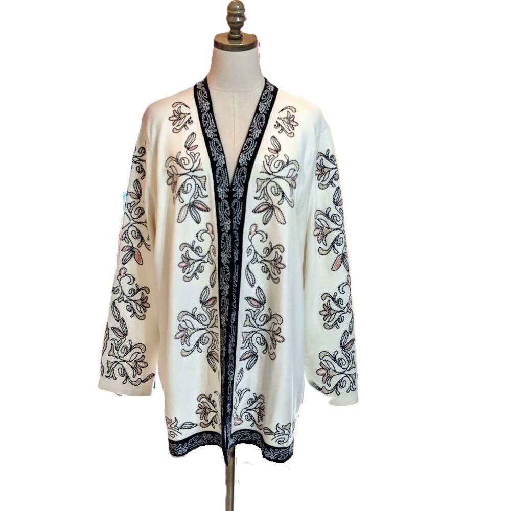 New Chico's Embroidered Open Front Cardigan Size XXL 4 White Multicolor Floral